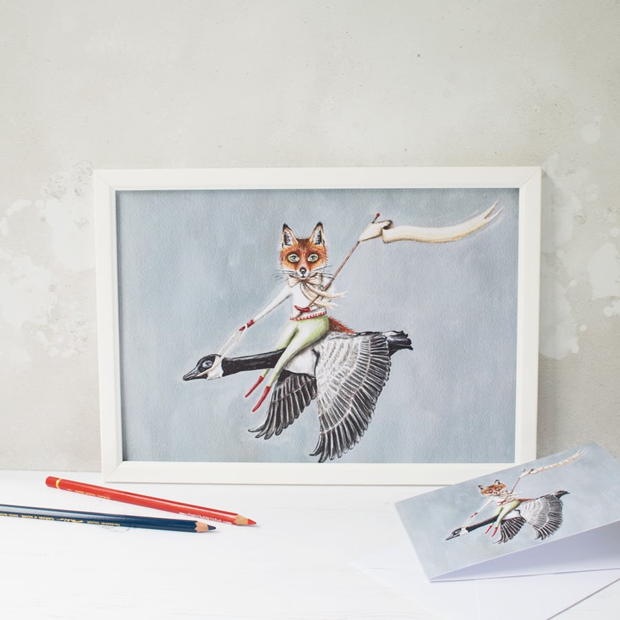 Fox and goose illustration print. A4 unframed. Great for a childrens bedroom