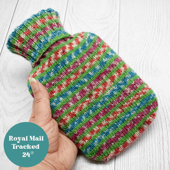 Hand knitted Hot Water Bottle Cover - Multicolour Christmas