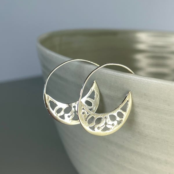 Sterling silver decorative cut out pattern crescent hoop earrings