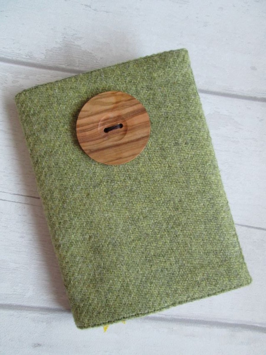 A6 'Harris Tweed' Reusable Notebook, Diary Cover - Olive with Handturned Button
