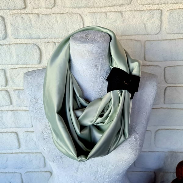Silky satin jade green satin infinity scarf with faux leather strap