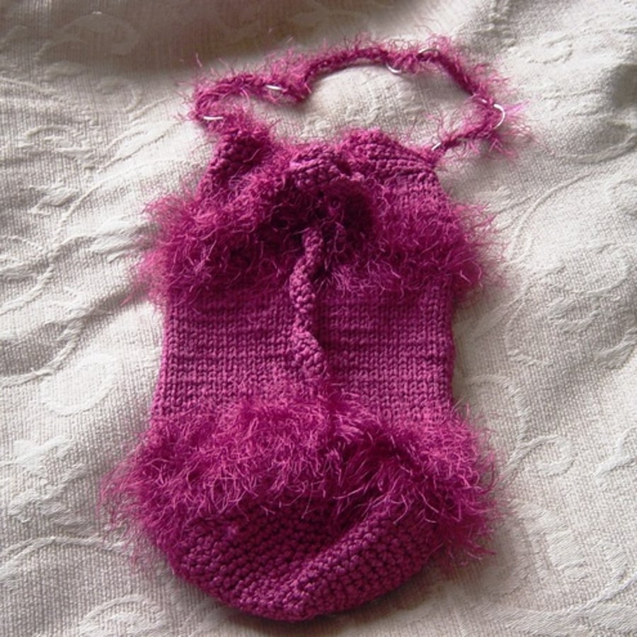 Raspberry Fluff, Hand Knitted & Crocheted Cylinder Handbag.