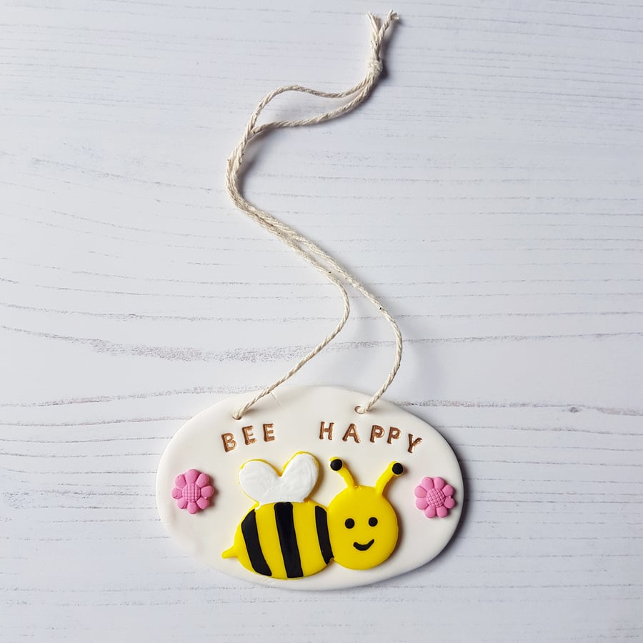 Bee Happy hanging decoration, Hand painted, Handmade, flowers, gold