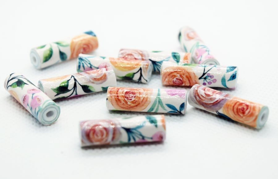 10 Orange Roses and Pink Flowers Pattern Paper Beads  PB04