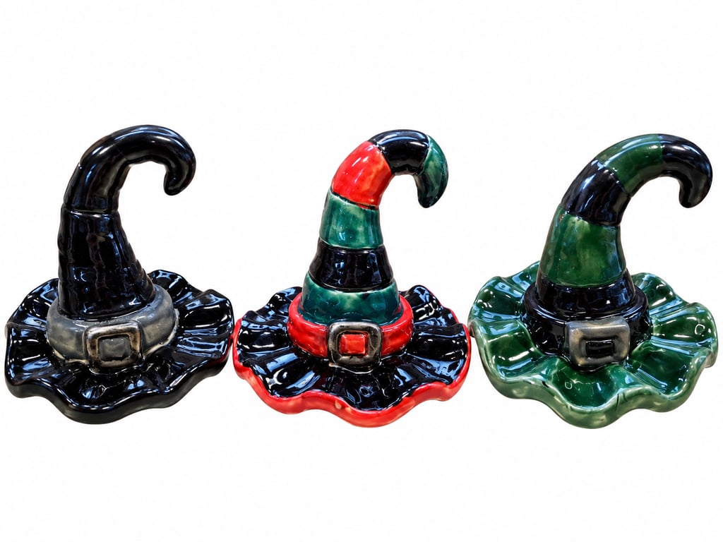 Set of 3 Handmade Ceramic Witch Hat Ornaments – Halloween Decorations