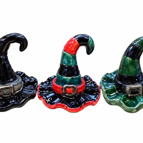 Set of 3 Handmade Ceramic Witch Hat Ornaments – Halloween Decorations