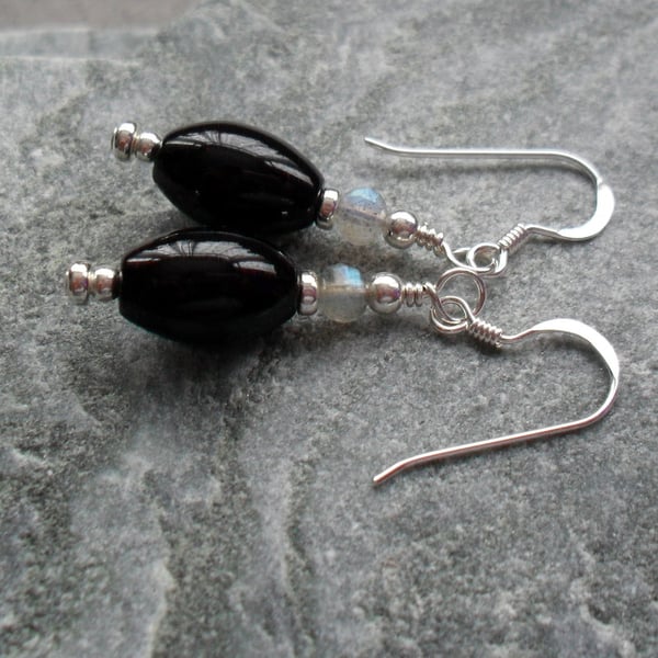 Sterling Silver Black Onyx and Labradorite Drop Earrings