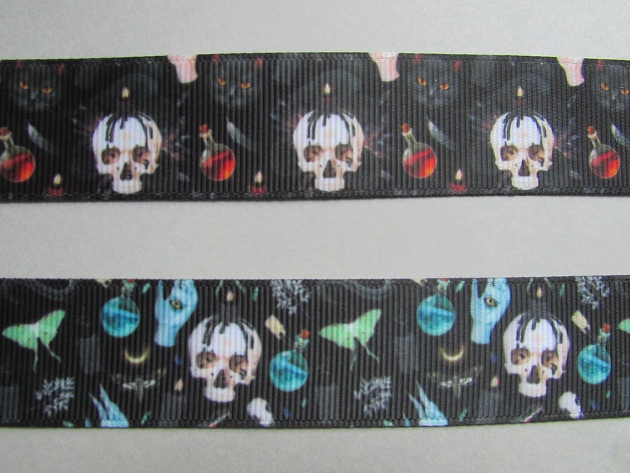 Mystic Potion Bottle, Skull, Moth, Cat Grosgrain Ribbon x 1 metre