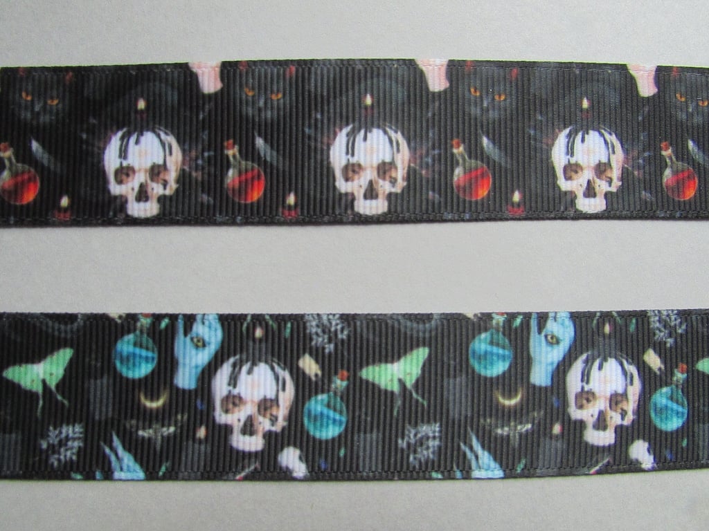 Mystic Potion Bottle, Skull, Moth, Cat Grosgrain Ribbon x 1 metre