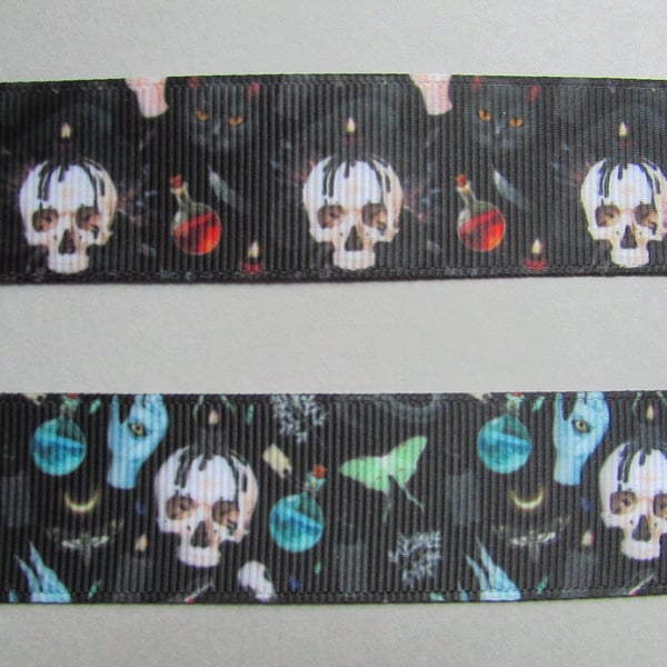 Mystic Potion Bottle, Skull, Moth, Cat Grosgrain Ribbon x 1 metre