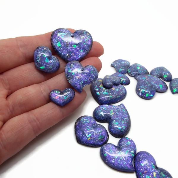 16 Handmade Heart Charms in Blue with Glitter & Metallic Inclusions