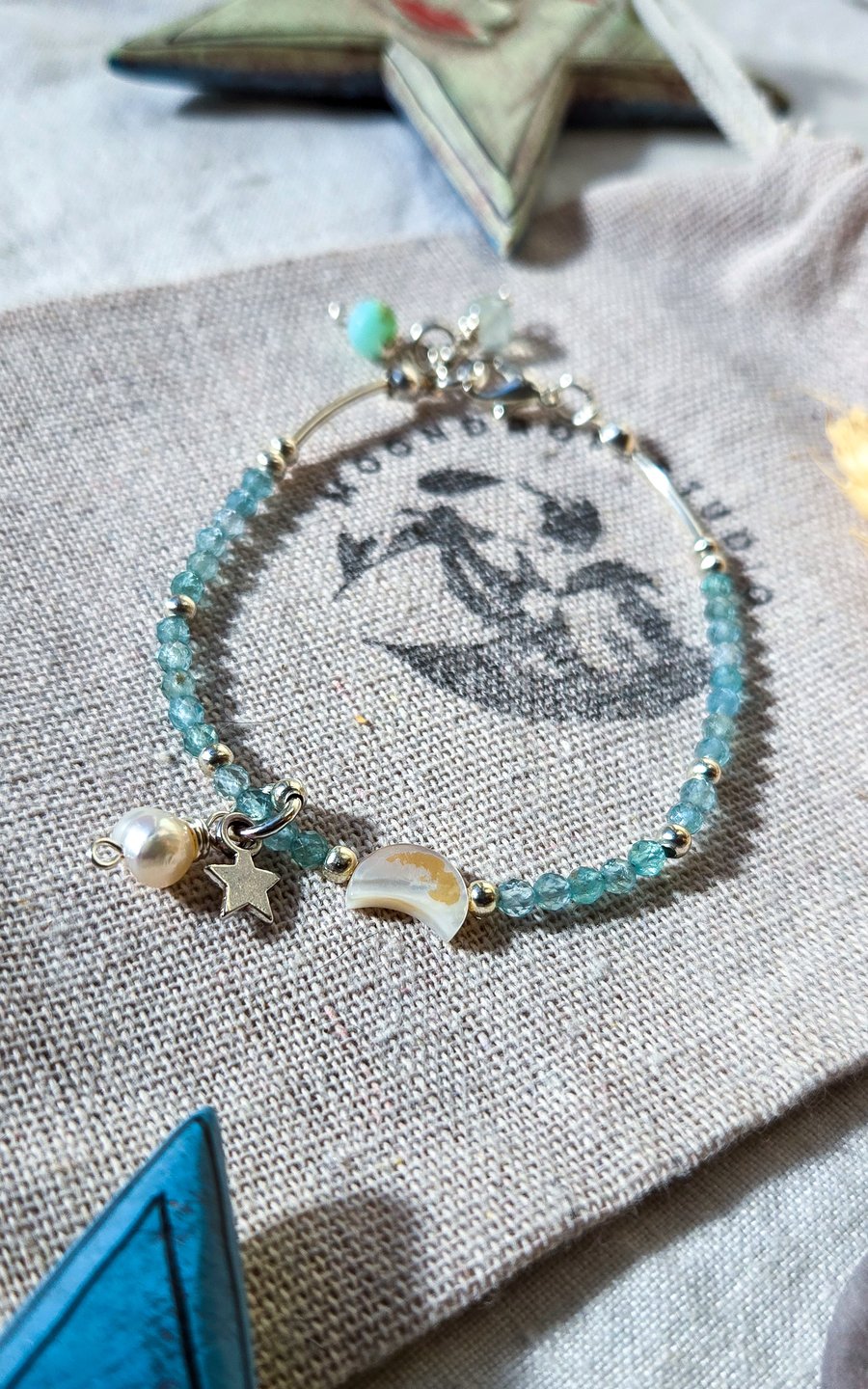 Sky Blue Apatite Gemstone Beaded Bracelet - Celestial Sterling Silver Bracelet