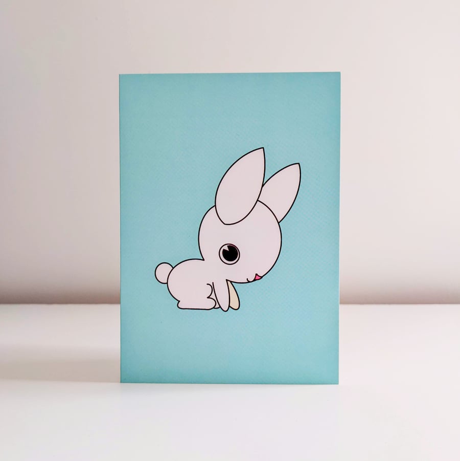 Cute white rabbit, blank greetings card