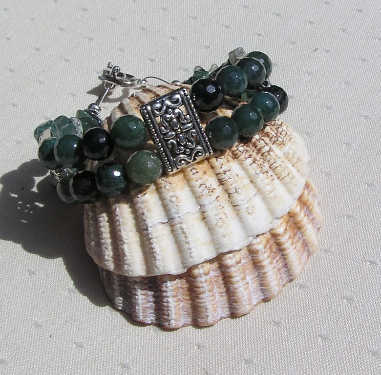 Green Moss Agate Crystal Gemstone Beaded Chakra Bracelet "Meadow Dew"