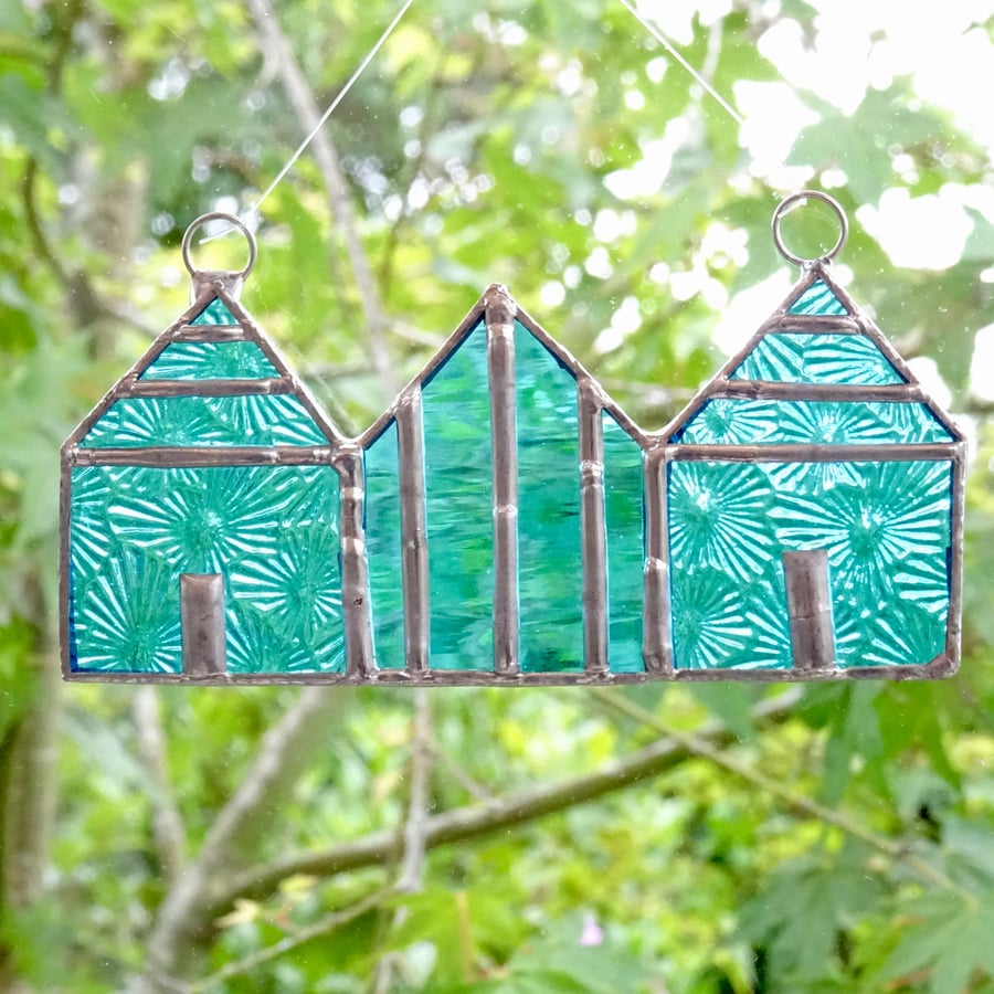 Stained Glass Beach Huts Suncatcher - Handmade Decoration - Light Turquoise