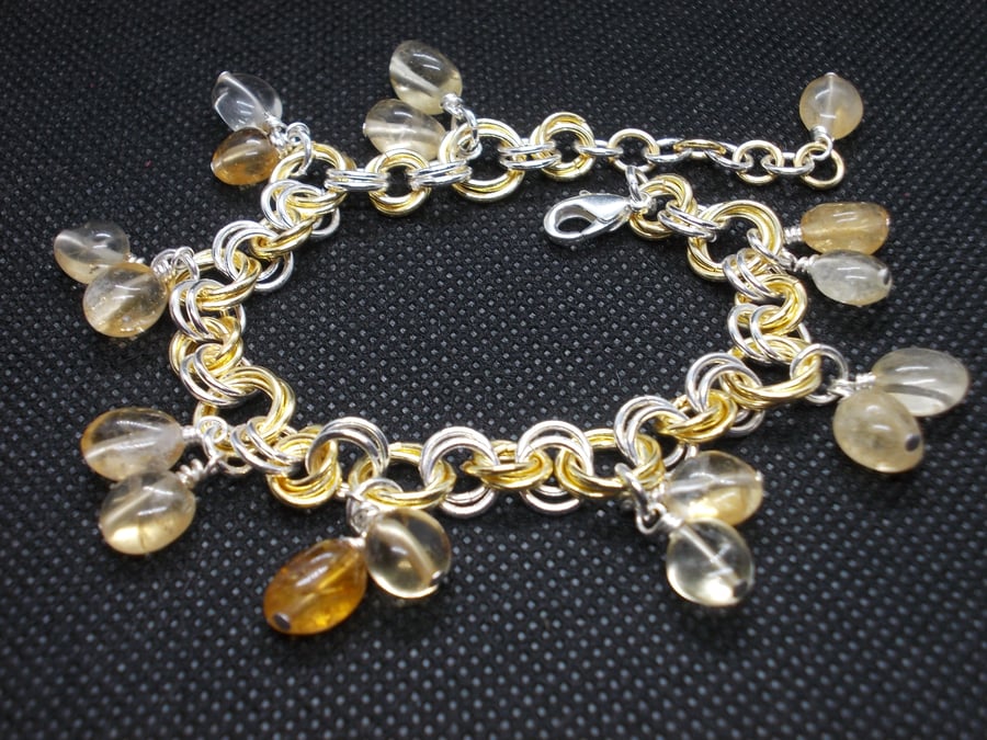 Sale- Two tone chainmaille bracelet with citrine nugget charms