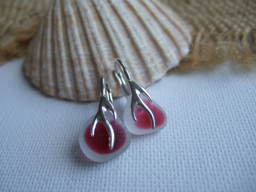 Pink Seaham sea glass earrings, pink multi sea glass earrings, sterling silver