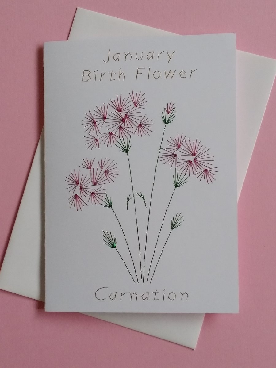 Hand Embroidered  Carnation January Birth Flower Greetings Card.