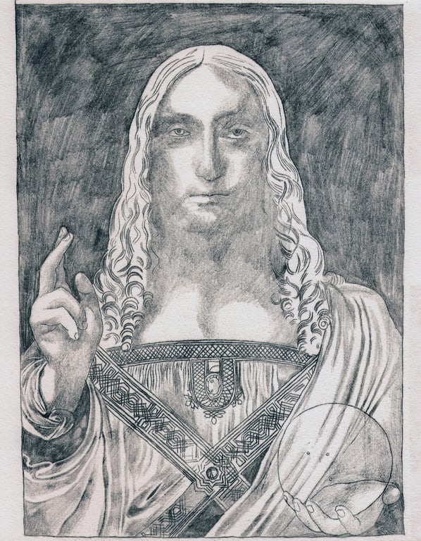Salvator Mundi (after Leonardo), monoprint on paper, signed & numbered