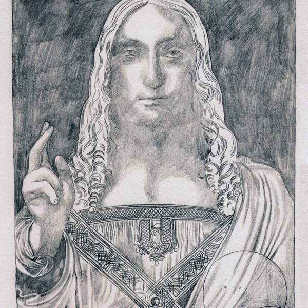 Salvator Mundi (after Leonardo), monoprint on paper, signed & numbered