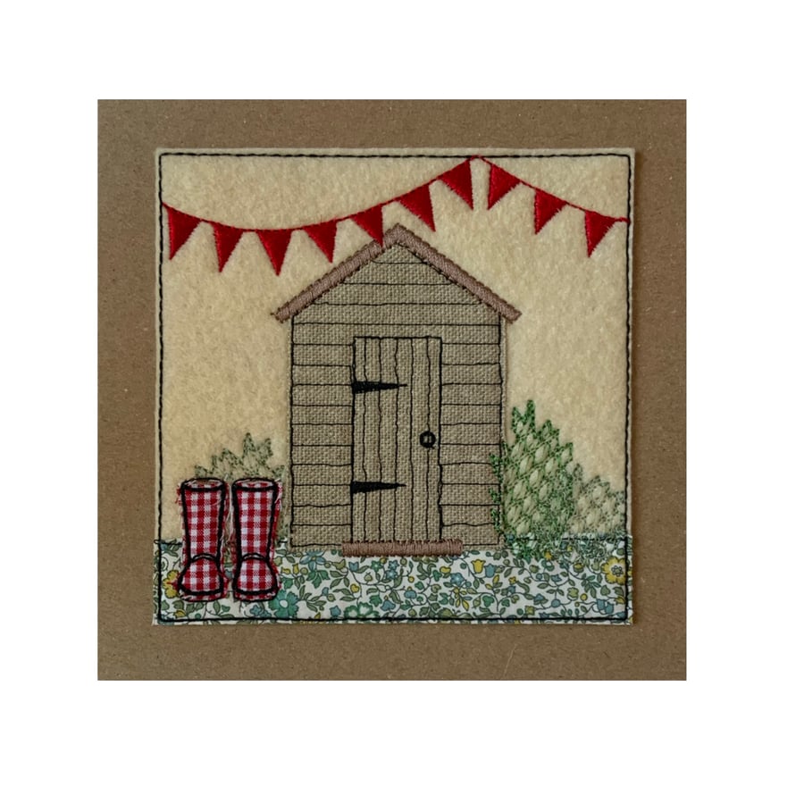 Shed Card, Garden shed Textile Card, Wellies and shed card, Textile card, Stitch