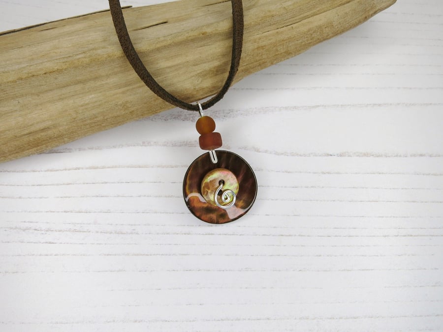 Chocolate and Burnt Orange Shell Button Pendant on Chocolate Faux Suede Necklace