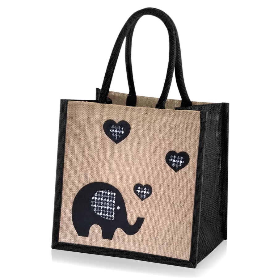 Medium Sized Jute Hessian Tote Shopping Bag Decorated with an Elephant in Love 