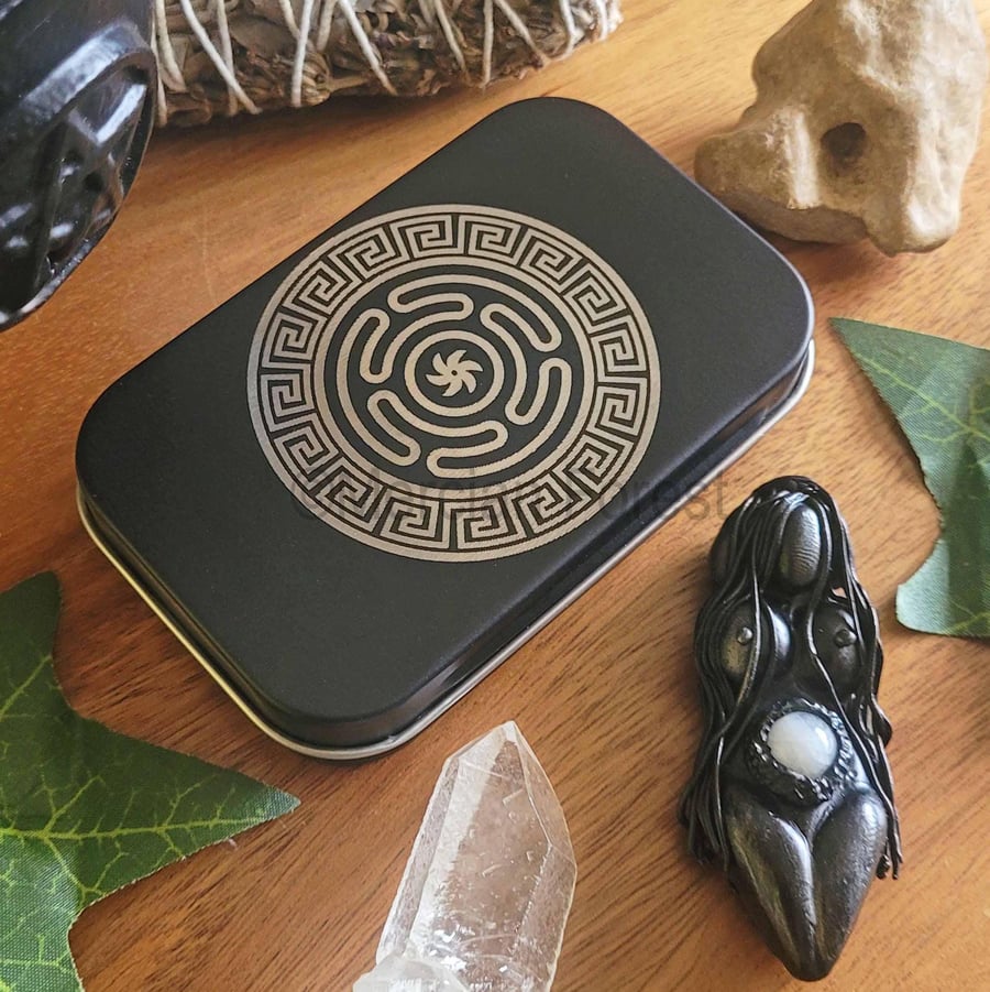 Hecates Wheel Altar Tin with Handmade Goddess Pagan Decoration Wicca Witchcraft