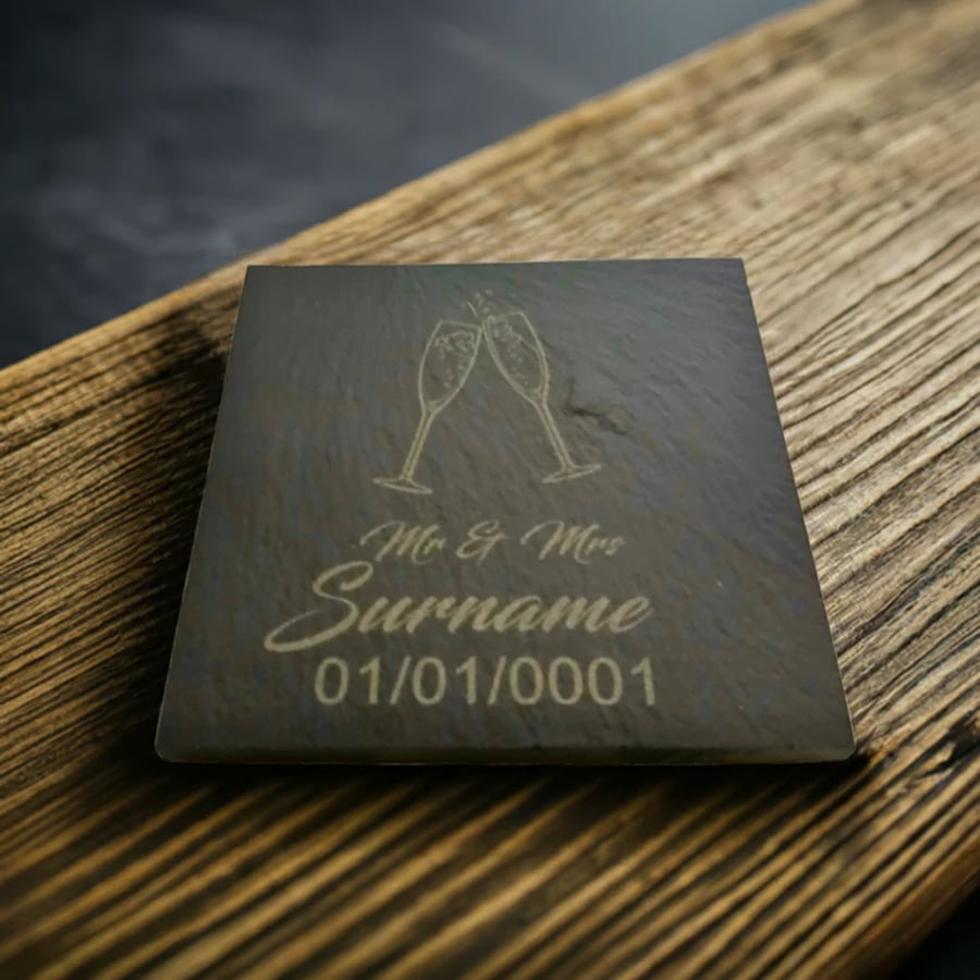 Set of 6 Wedding Slate Coasters Personalised. With Anti-skid Feet