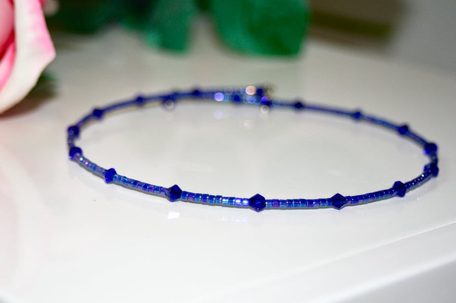 Blue beaded choker necklace