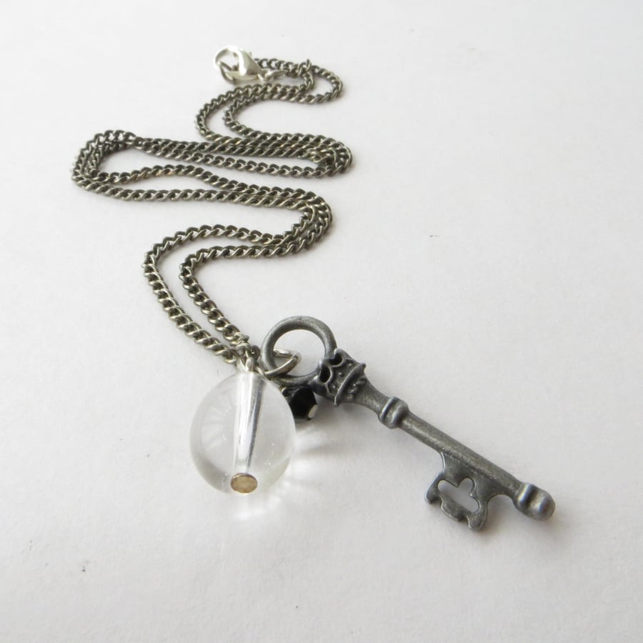 Vintage Key Necklace, Oxidised Silver with Black and Clear Glass, Charm Necklace