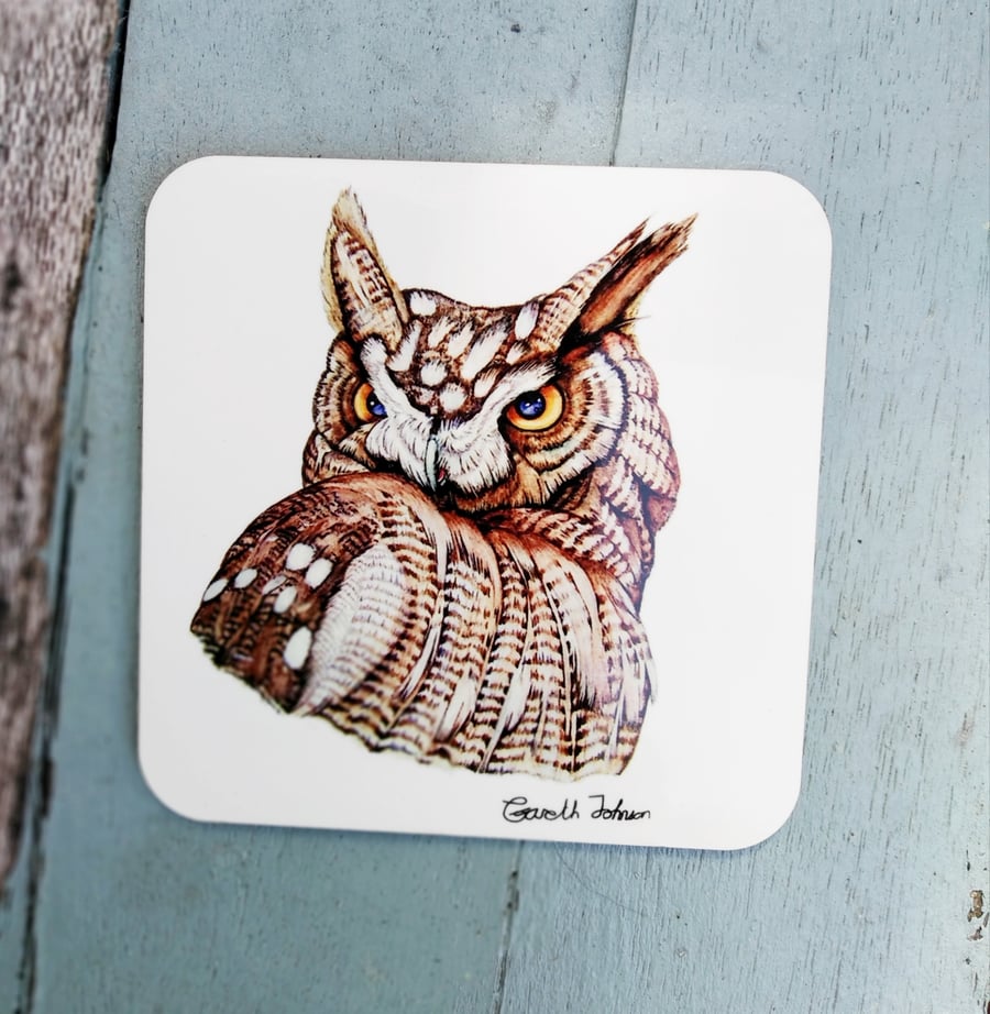 Great horned owl coaster, watercolour bird coaster, gifts for owl lovers