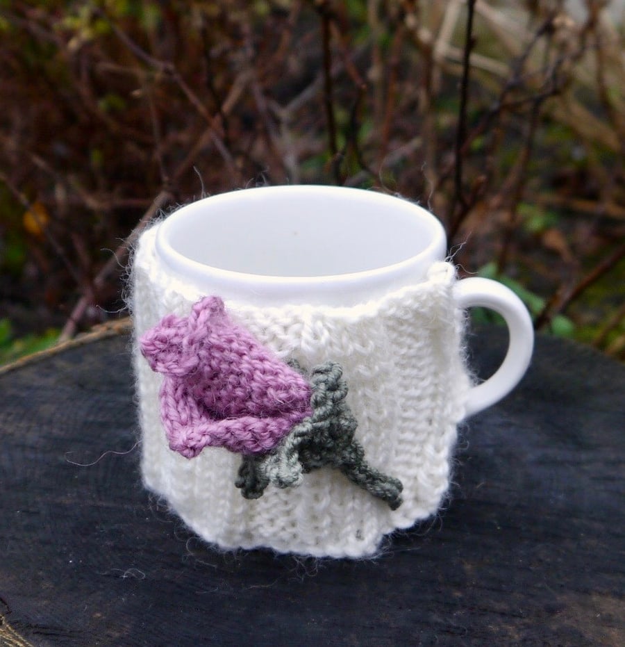 Hand Knitted Pink Rose Mug Cosy