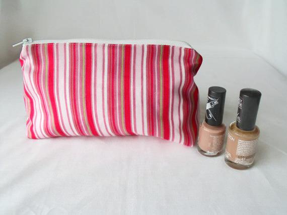 red striped zipped make up pouch, pencil case or crochet hook holder