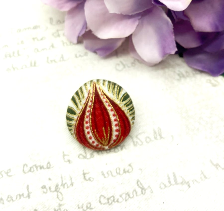 Red and green floral William Morris fabric button brooch