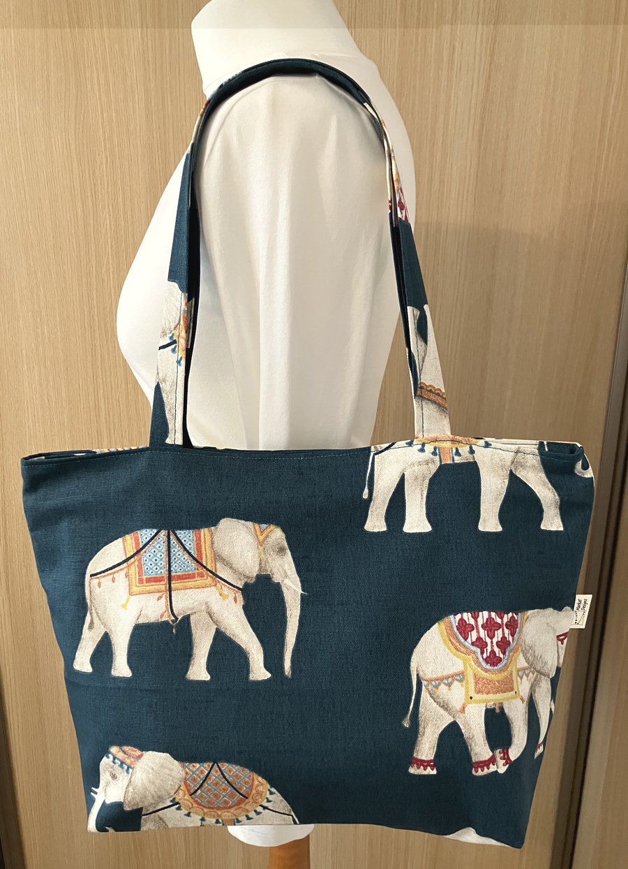 Elephant fabric zippered tote bag, Handmade in the UK