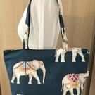 Elephant fabric zippered tote bag, Handmade in the UK
