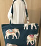 Elephant fabric zippered tote bag, Handmade in the UK