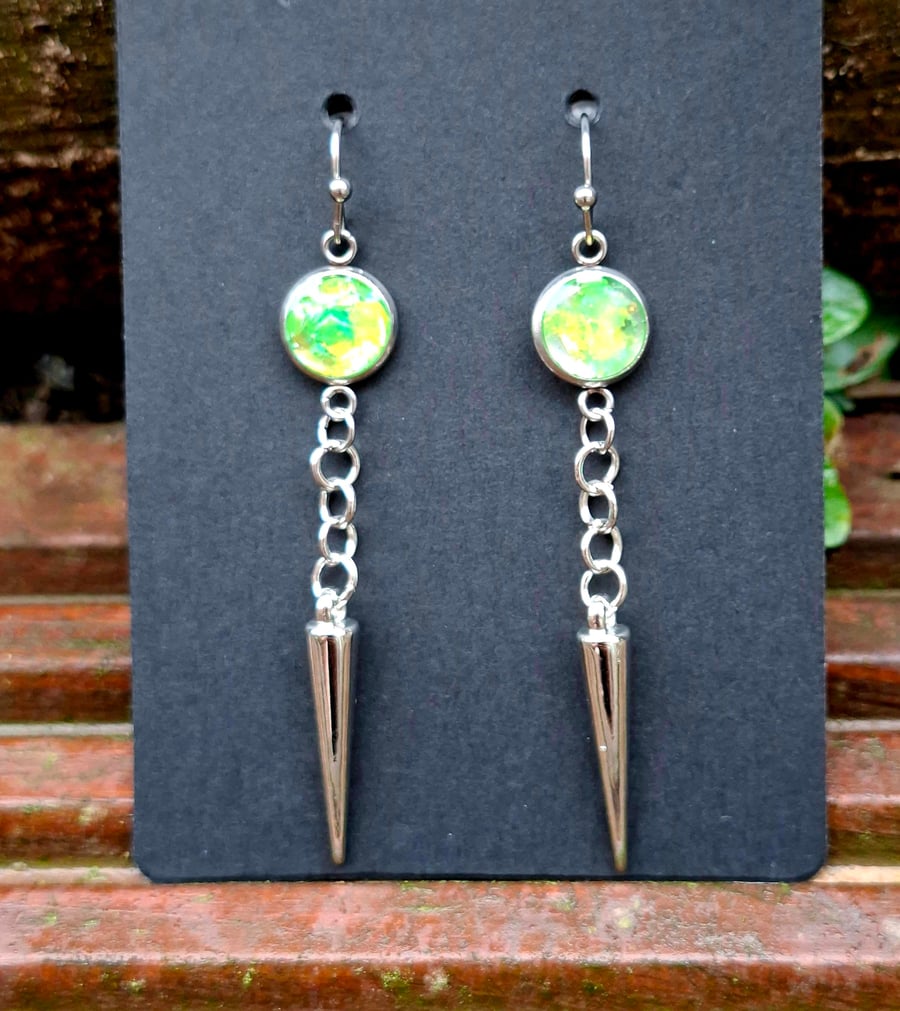 Gothic zombie green glitter spilke drop dangly earrings emo punk alternative