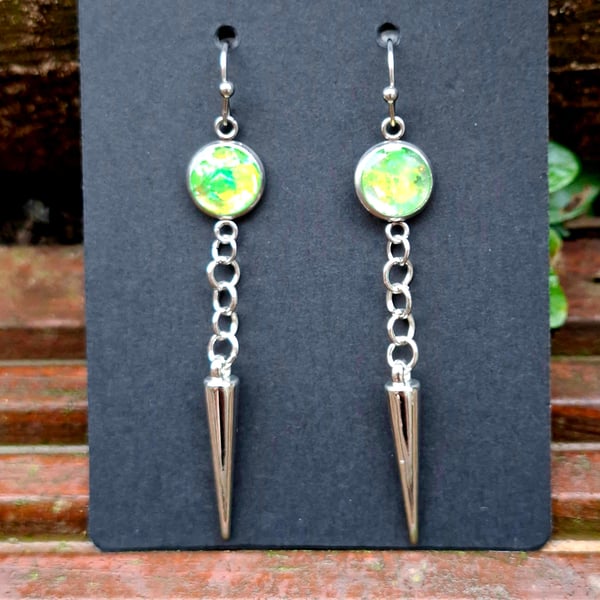 Gothic zombie green glitter spilke drop dangly earrings emo punk alternative