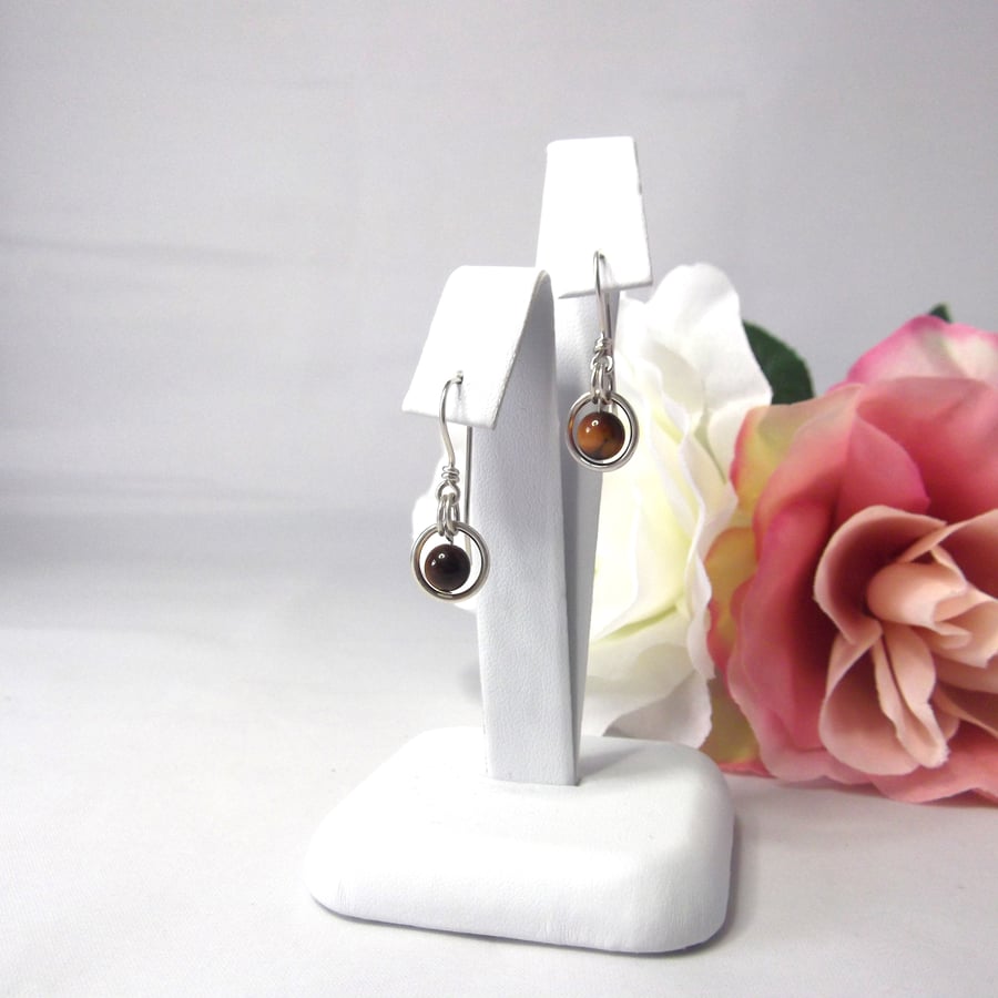 Tiger eye gemstone dangle earrings bead surrounded by a ring recycled silver