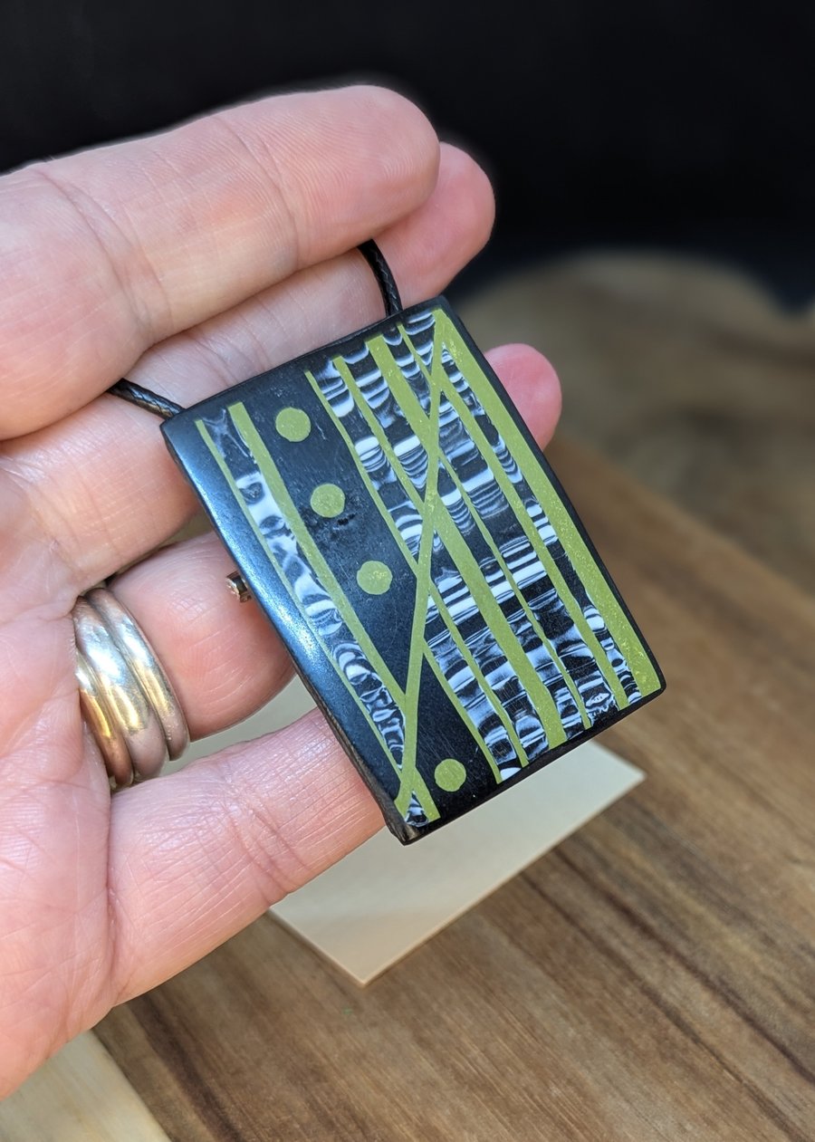 Geometric Black and Olive Polymer Clay Pendant Brooch