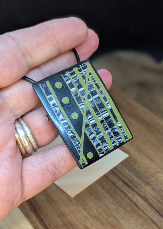 Geometric Black and Olive Polymer Clay Pendant Brooch