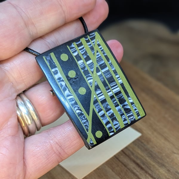 Geometric Black and Olive Polymer Clay Pendant Brooch