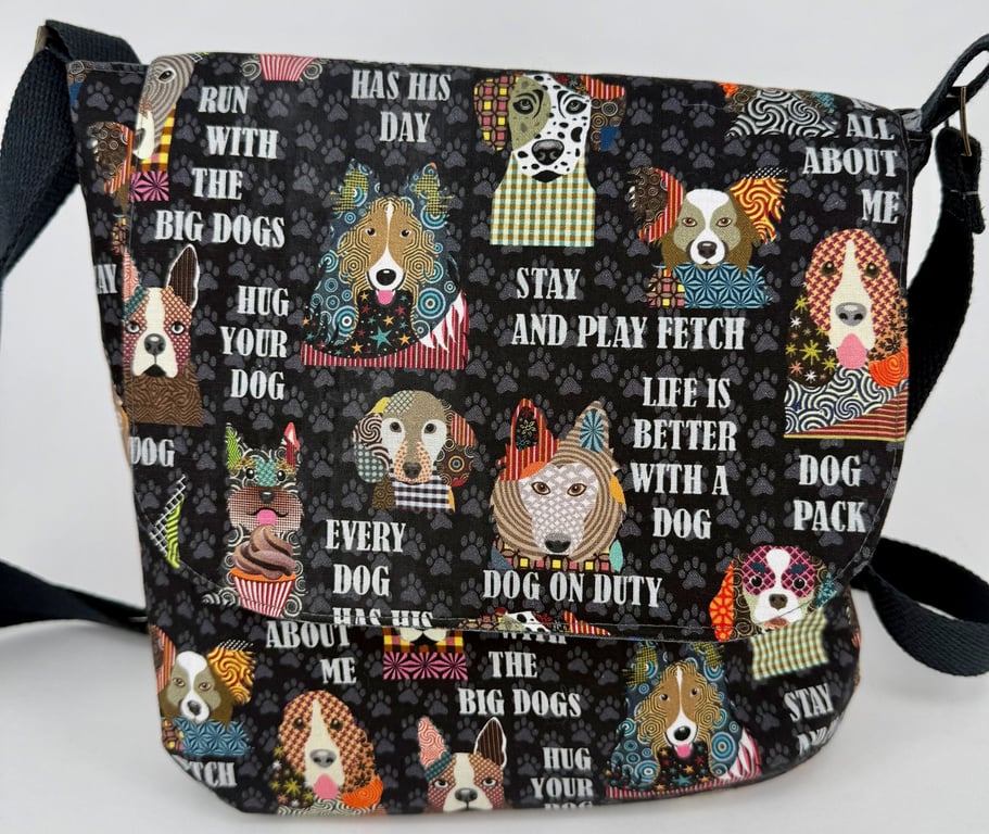 Handmade black dog pattern cotton crossbody bag