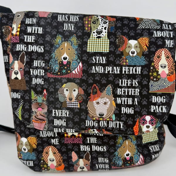 Handmade black dog pattern cotton crossbody bag