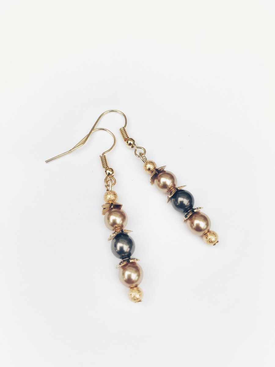 FREE P&P Gold and brown swarovski pearl bead earrings 
