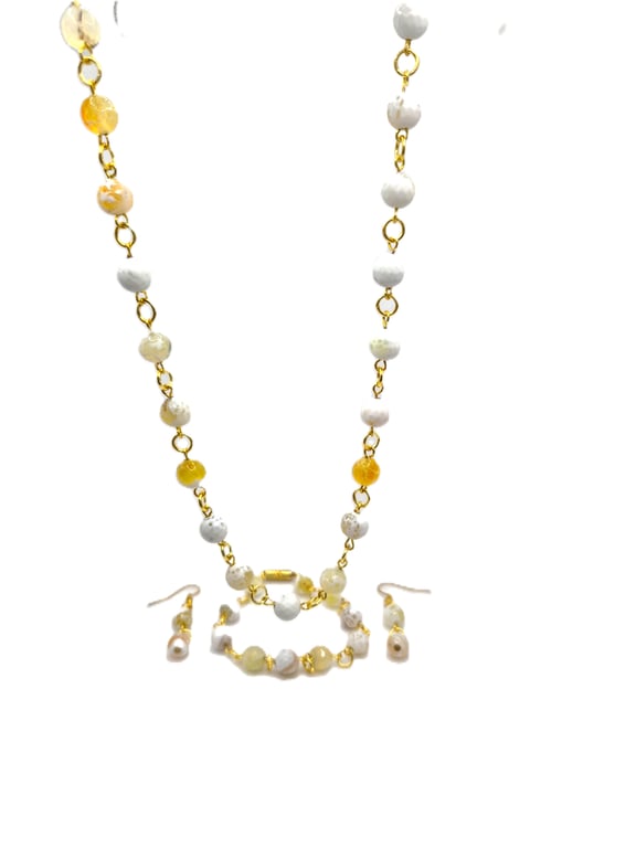 Yellow agate rosary link beaded jewellery set, necklace, bracelet and earrings