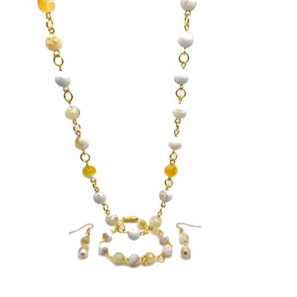 Yellow agate rosary link beaded jewellery set, necklace, bracelet and earrings
