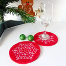 Set of 2 embroidered coasters, snowflakes design
